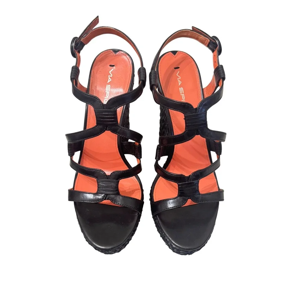 Via‎ Spiga Cai Black Leather Espadrille Wedge Platform Sandals Sz 8